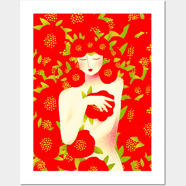 Cute girl with red flowers, version 7 Wall Art by iulistration